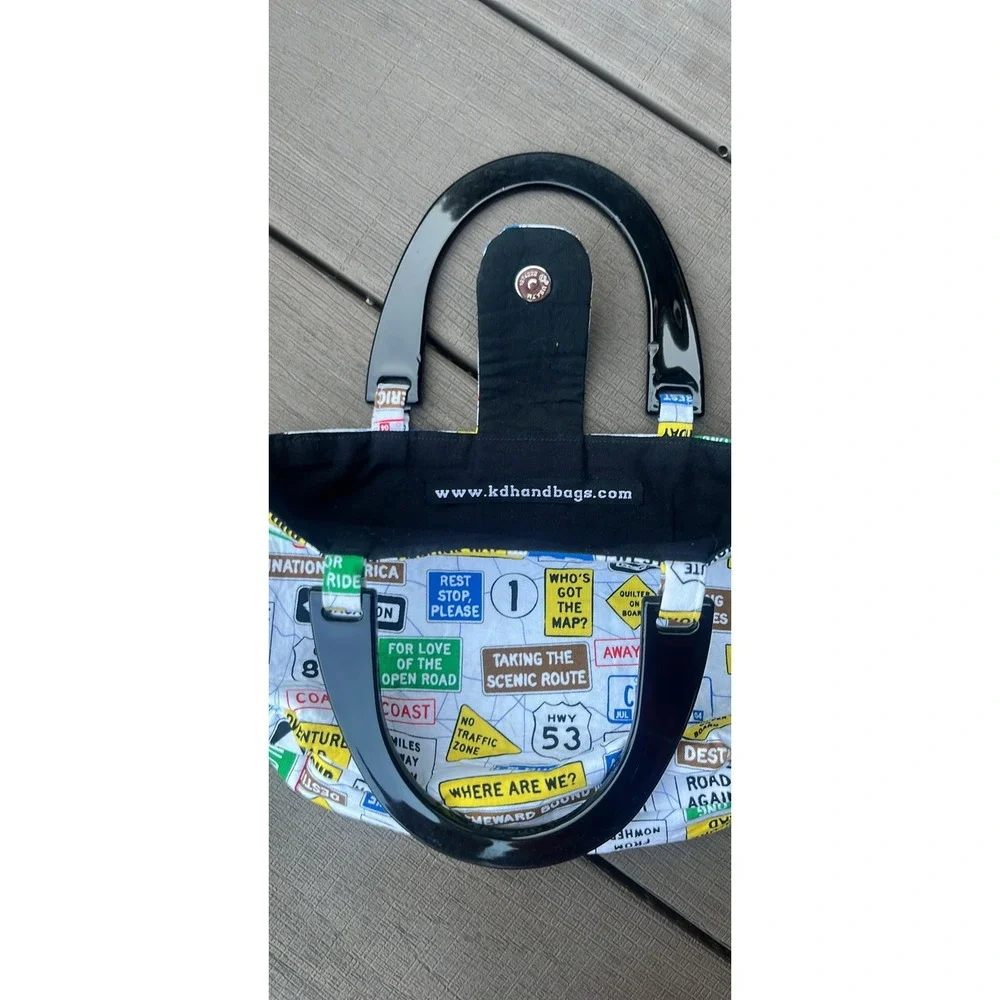 KD Handbags Road Trip Highway Sign Print Tote Bag Black Acrylic Handle Quirky